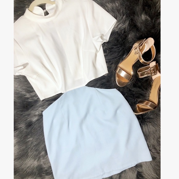Tobi White Pastel Blue Mockneck Cutout Mini Dress - Picture 2 of 8
